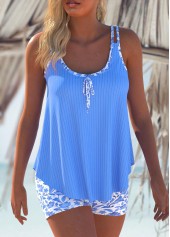 Ditsy Floral Print Contrast Binding Blue Tankini Set