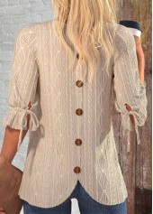 Button Light Camel 3/4 Sleeve Round Neck Blouse