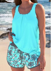 Tropical Plants Print Bowknot Cyan Tankini Set