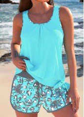 Tropical Plants Print Bowknot Cyan Tankini Set