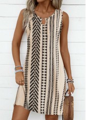 Striped Circular Ring Light Camel A Line Sleeveless Dress