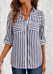 Striped Button Navy 3/4 Sleeve Shirt