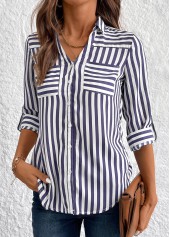 Striped Button Navy 3/4 Sleeve Shirt