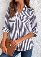 Striped Button Navy 3/4 Sleeve Shirt
