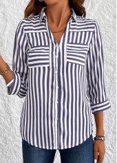 Striped Button Navy 3/4 Sleeve Shirt