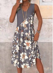 Floral Print Patchwork Dark Grey A Line Sleeveless Dress