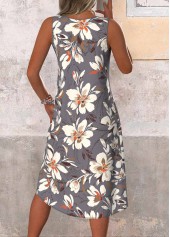 Floral Print Patchwork Dark Grey A Line Sleeveless Dress