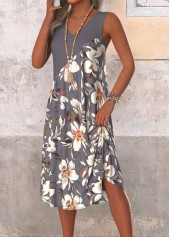 Floral Print Patchwork Dark Grey A Line Sleeveless Dress