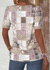 Geometric Print Patchwork Light Pink Short Sleeve T Shirt