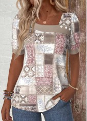 Geometric Print Patchwork Light Pink Short Sleeve T Shirt