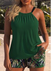 Tropical Plants Print Criss Cross Green Tankini Set