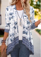 Floral Print Patchwork Navy 3/4 Sleeve Light Cardigan