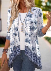 Floral Print Patchwork Navy 3/4 Sleeve Light Cardigan
