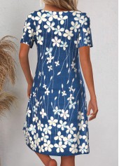 Floral Print Asymmetry Blue A Line Short Sleeve Dress