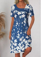 Floral Print Asymmetry Blue A Line Short Sleeve Dress