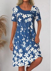 Floral Print Asymmetry Blue A Line Short Sleeve Dress