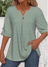 Button Green 3/4 Sleeve Split Neck Blouse