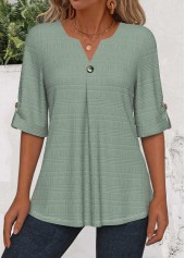 Button Green 3/4 Sleeve Split Neck Blouse