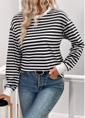 Striped Patchwork Black Long Sleeve Round Neck T Shirt