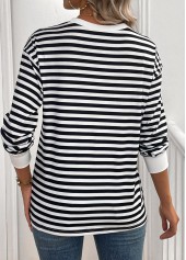 Striped Patchwork Black Long Sleeve Round Neck T Shirt