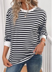 Striped Patchwork Black Long Sleeve Round Neck T Shirt