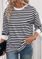 Striped Patchwork Black Long Sleeve Round Neck T Shirt