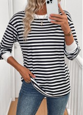 Striped Patchwork Black Long Sleeve Round Neck T Shirt