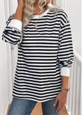 Striped Patchwork Black Long Sleeve Round Neck T Shirt