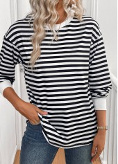 Striped Patchwork Black Long Sleeve Round Neck T Shirt