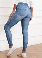 Denim-effect Print Denim Blue Elastic Waist Skinny Pants