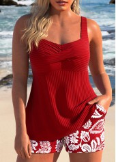Random Floral Print Surplice Red Tankini Set