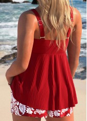 Random Floral Print Surplice Red Tankini Set
