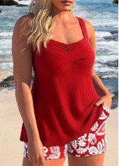 Random Floral Print Surplice Red Tankini Set