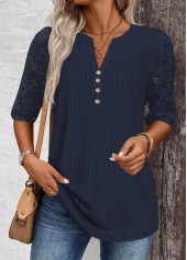 Lace Navy Half Sleeve Split Neck T Shirt