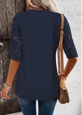 Lace Navy Half Sleeve Split Neck T Shirt
