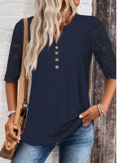 Lace Navy Half Sleeve Split Neck T Shirt
