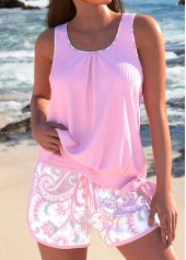 Paisley Print Bowknot Pink Tankini Set