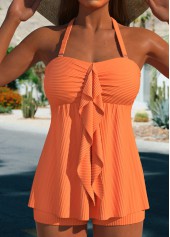 Ruched Jacquard Ruffle Orange Tankini Set