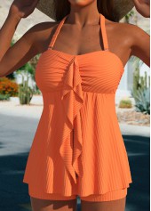 Ruched Jacquard Ruffle Orange Tankini Set