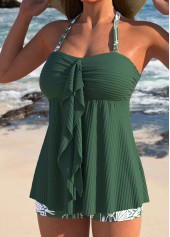Tropical Plants Print Ruffle Sage Green Tankini Set