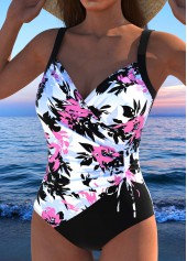 Floral Print Drawstring Pink One Piece Swimwear