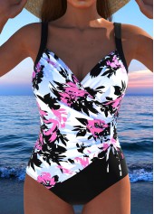 Floral Print Drawstring Pink One Piece Swimwear
