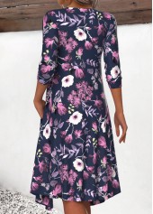 Floral Print Fake 2in1 Navy A Line Dress