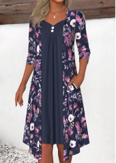 Floral Print Fake 2in1 Navy A Line Dress