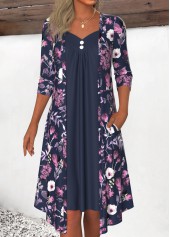 Floral Print Fake 2in1 Navy A Line Dress