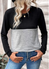 Patchwork Black Long Sleeve Round Neck T Shirt