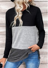 Patchwork Black Long Sleeve Round Neck T Shirt