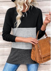 Patchwork Black Long Sleeve Round Neck T Shirt