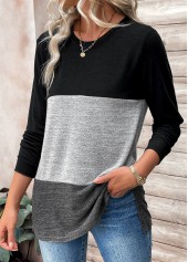 Patchwork Black Long Sleeve Round Neck T Shirt