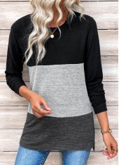 Patchwork Black Long Sleeve Round Neck T Shirt